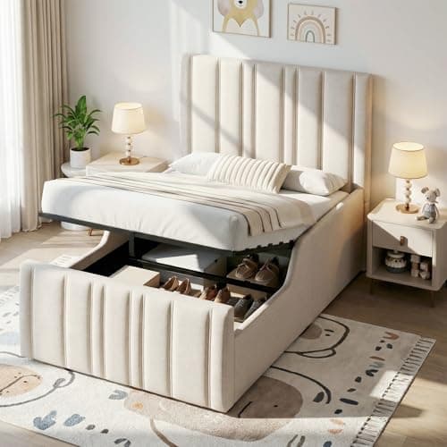 Image of Merax Upholstered Single Bed 3ft (90 x 190 cm) Kids Bed with Hydraulic Storage, Linen Fabric Storage Bed with Headboard, Large Under Bed Storage Ottoman Bed Frame, Beige