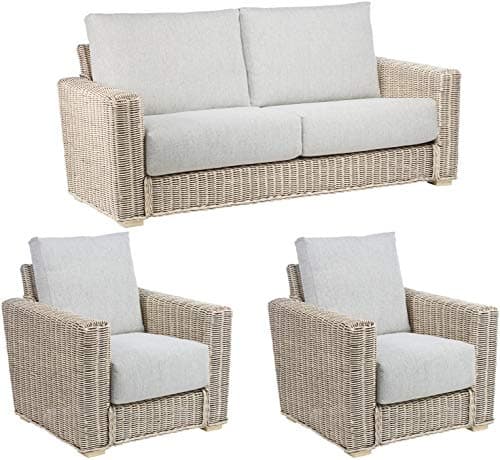 Image of Desser Burford Large Rattan Conservatory Furniture Set – 3 Seater Sofa & 2x Armchairs – Fully Assembled Luxury Indoor Natural Cane Wicker Chairs & Settee Suite with UK Made Cushions – Pebble Fabric