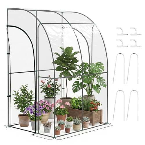 Image of Outsunny Walk-In Greenhouse with Zipped Roll Up Doors, Lean-to Small Greenhouse with Plastic Cover and Sloping Top for Flowers, Vegetables and Herbs, 143cm x 118cm x 212cm, Clear