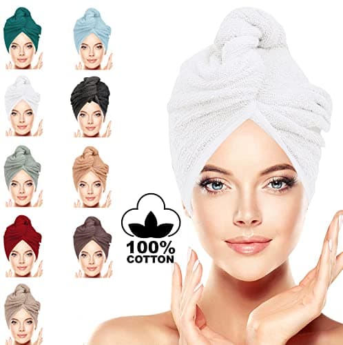 Image of BAVIN LUXURY Hair Towel Wrap 100% Cotton, Instant Drying Lightweight Turban Cap Super Quick Absorbent Anti-Frizz Twist Toweling Dry Hat with Button Loop for Long Curly Hairs, 62CM x 23CM White Sinlge
