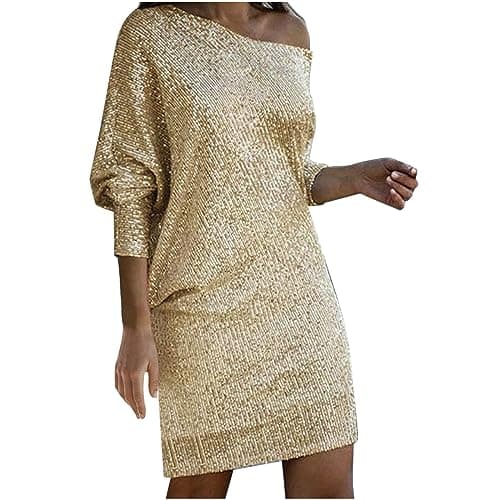 Image of Zeiayuas Women Elegant Formal Sequins Dresses Wrap Off Shoulder Long Sleeves Midi Bodycon Party Dress Sparkly Glitter Evening Dress Elegant Disco Club Prom Ball Gowns Ladies Cocktail Clubwear Gold