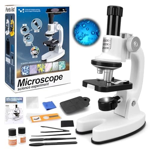 Image of deAO Microscope for Kids, 1200X Magnification Science Microscope Kit with LED Light, Mobile Phone Adapter, 3D Slides, Magnifying Glass, Test Tubes, Color Filters, Science Explorer Set, 8+ Years