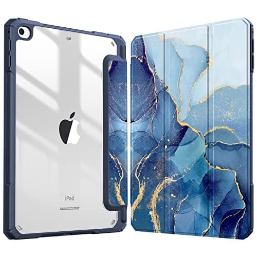 Image of FINTIE Hybrid Slim Case for iPad Mini 5 2019 / iPad Mini 4 - (Built-in Pencil Holder) Shockproof Cover with Clear Transparent Back Shell, Auto Wake/Sleep for iPad Mini 5th Gen 7.9'', Ocean Marble