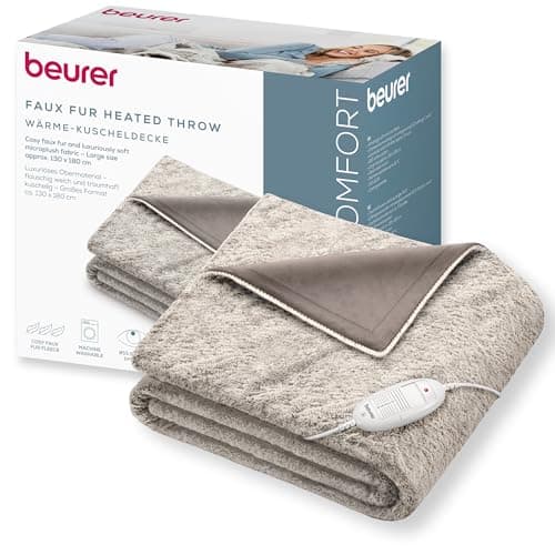 Image of Beurer HD 75 Nordic electric blanket,cosy heated blanket in faux fur look, with 6 temperature settings, machine washable at 30 °C,electric blanket with automatic switch-off, beige/brown, 180 x 130 cm