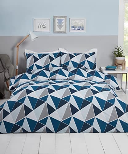 Image of Rapport Home Single Duvet Cover Set - Navy Geometric Triangles Bedding for Boys & Teens - Reversible Polycotton Quilt Cover with Pillowcase (135x200cm)