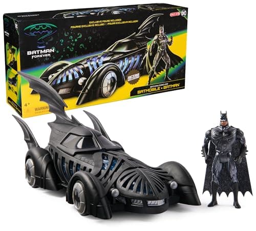 Image of DC Comics, BATMAN FOREVER Batmobile + Batman Action Figure Set, 12.7-cm Retro Batman, Translucent 50-cm Batmobile, Collector’s Edition, For Fans Aged 4+