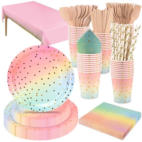 Image of CEILIWEN 201PCS Pink and Gold Party Tableware Set, Disposable Party Dinnerware Set Includes Tablecloth,9''&7'' Paper Plates,Cup,Napkin,Straw,Wooden Cutlery(Knife/Fork/Spoon),Severs 25