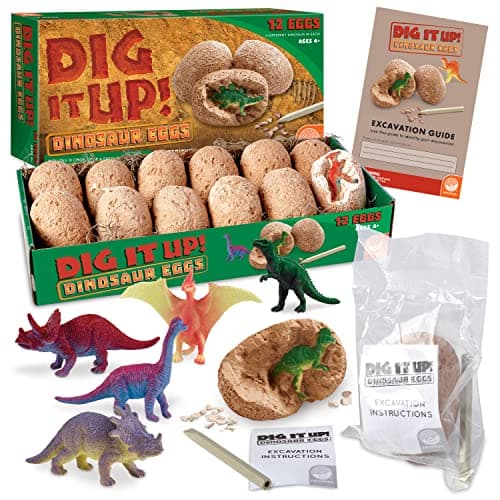 Image of MindWare Dig It Up! Dinosaur Eggs Excavation Set for Kids - Kit Includes 12 Dino Filed Clay eggs, 12 chisels tools, Instructions and guidebook - 4 and up
