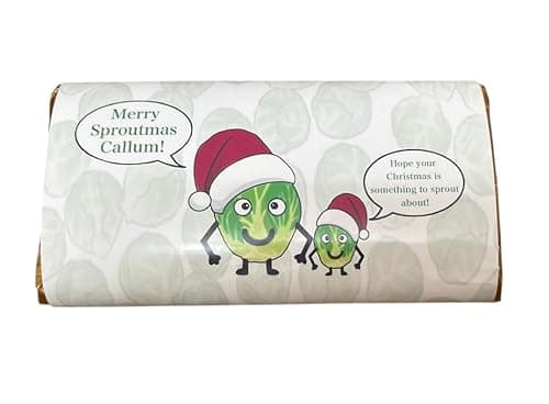 Image of Personalised Brussel Sprouts with Santa hats chocolate bar with wrapper