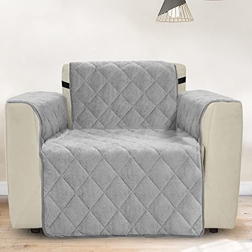 Image of Ashley Mills Armchair Covers, Teddy Fleece Plush Quilted Non-Slip Pet Sofa Protector Cover with Elasticated Straps, Soft Washable Armchair Slipcovers (Silver Grey)