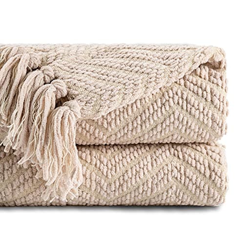 Image of Battilo Beige Throw Blankets for Couch Bed Sofa, Textured Solid Soft Knitted Throw Blanket with Tassels, Warm Cozy Couch Blanket Large Throws for Home Decor, 150cmx200cm