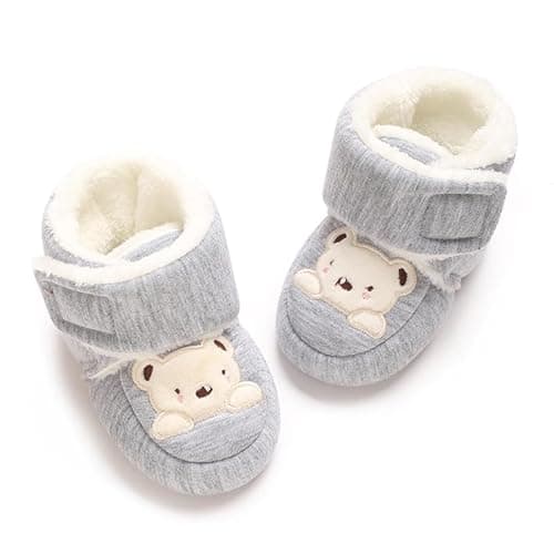 Image of RVROVIC Baby Boys Girls Plush Winter Snow Boots Bowknot Anti Slip Warm Fleece Infant Boots Toddler Prewalkers(6-12 Months,GY-BE Bear)