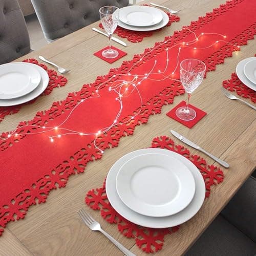 Image of Christmas Concepts® 9pce Red Felt Christmas Table Linen Set - Including 2m (6.6ft) Snowflake Table Runner, Snowflake Placemats & Coasters
