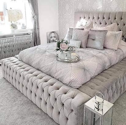 Image of Beds & Co Silver Plush Velvet Upholstered Regal Ambassador Bed Frame and Headboard - Mattress Option Available - Hand Made in the UK - Single/Double/Kingsize/Superking (Kingsize (5FT), With Mattress)