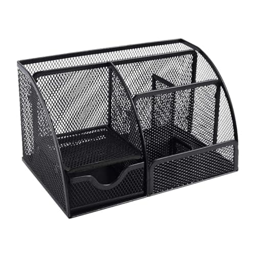 Image of Sinxioer Black Mesh desk organiser, Stationary organiser with Pen Holder for desk,6 Sorting Compartments for Pens, Pen Holder,