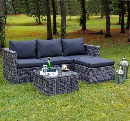 Image of GOODS EMPORIUM Rattan Garden Corner Sofa with Coffee Table Patio Furniture Set - 3 to 4 Seater - FREE RAIN COVER INCLUDED (Dark Grey Mixed With Dark Grey Cushions)