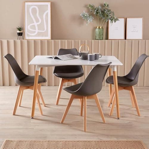 Image of Home Source White Kitchen Dining Table Set 4 Padded Grey Chairs Wooden Legs, 120cm Table
