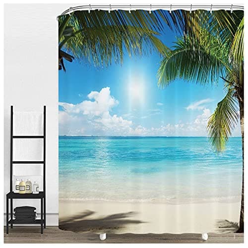 Image of NiCoLa Shower Curtain Beach Scene Curtains for Bathroom Shower with 12 Hooks, 3D Waterproof Shower Curtain, Washable Shower Curtains for Wet Room 72 * 72 Inch