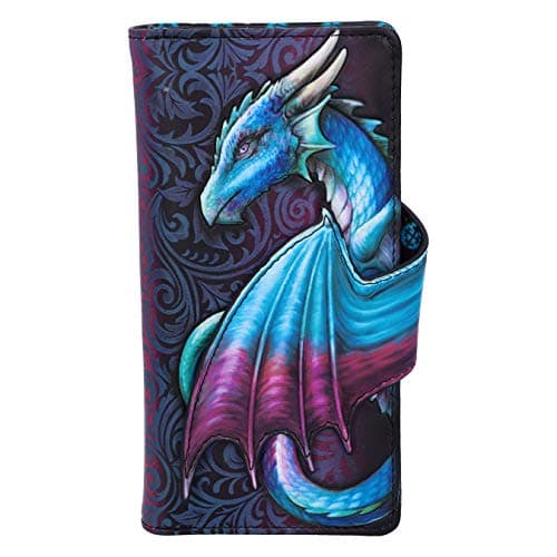Image of Nemesis Now Take Flight Embossed Purse Spacious Blue Dragon Wallet, 18.5cm, PU Leather, Red/Black, Intricate Baroque Designs, Wing Opening Purse, Multiple Card Slots & Zipped Coin Compartment