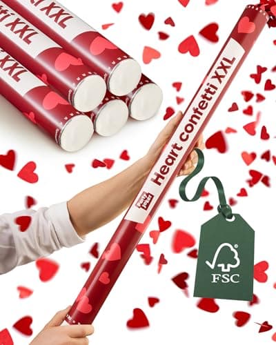 Image of Partyjoker 5-Pack Confetti Cannons Red Hearts XXL 80cm - Extra Large & Very Romantic - FSC® Biodegradable Paper - 5-8 Metre Burst - For Wedding & Valentine Party