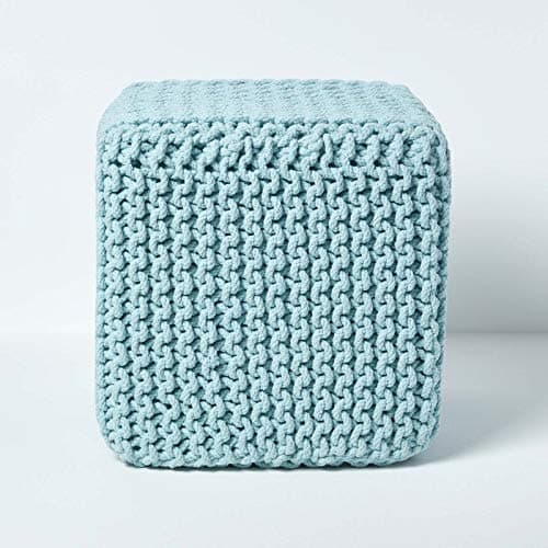 Image of HOMESCAPES Duck Egg Blue Knitted Cube Footstool Bean Filled 100% Cotton for Living Room Children or the Elderly