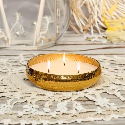 Image of Round Gold Metal Display Bowl with Candle | 3 Wick Vanilla Scented Candle & Holder | Vanilla Fragrance - 16cm