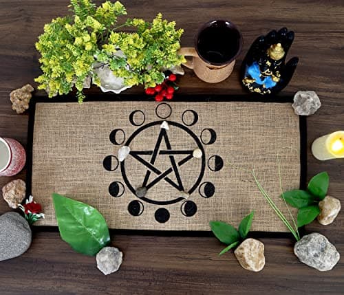 Image of INDIAN CONSIGNERS Altar Cloth - Witchcraft Supplies, Wiccan Altar Tools, Tarot Spread - Witch Pagan Decor, Witchy Gifts - Moon Phases Pentagram - Organic Burlap with Fabric Backing - 24"x12"