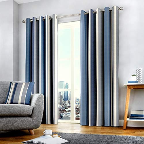 Image of Fusion Whitworth Stripe Eyelet Lined Curtains, Blue, 46 x 54 Inch