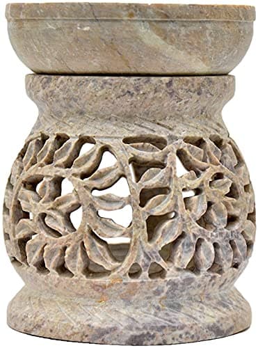 Image of Artist Haat Gift Deals - Essential Oil Diffuser, Oil Burner, Oil Warmer with Tea Light Holder for Aromatherapy - Artisan Handcarved Soapstone 3" with Intricate Elegant Tendril Openwork