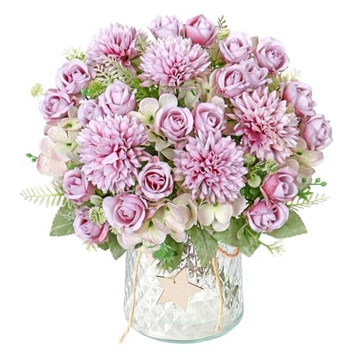 Image of DEMIUKO 2 Bunch‌es Artificial Flowers Purple Hydrangea Fake Roses Flowers Bouquet 12in Faux Silk Flowers Arrangement Indoor Floral Plants for Wedding Party Table Centerpieces Spring Home Vase Decor