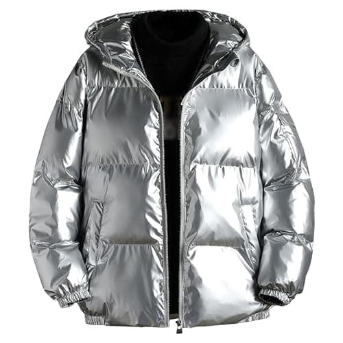 Image of Men's Thicken Hooded Shiny Puffer Jackets Winter Coats Water-Resistant Down Coats Heavyweight Padded Puffy Coat (Silver,M)