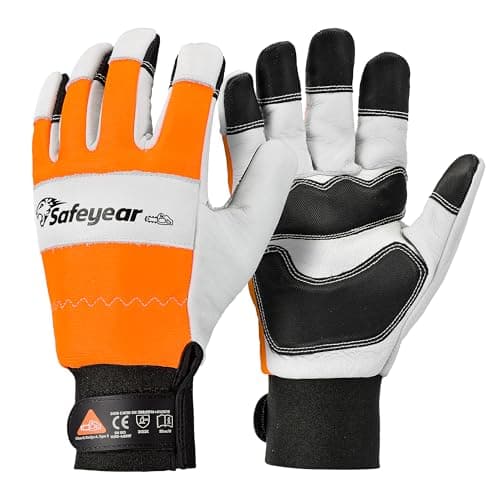 Image of SAFEYEAR Chainsaw Gloves, Chainsaw Protection on Hand,Size L, White Cowhide Leather Palm & Back, PVC Reinforced Fingers & Palm, EVA Padding for Shock Absorption, Fluorescent Orange Reflective Back