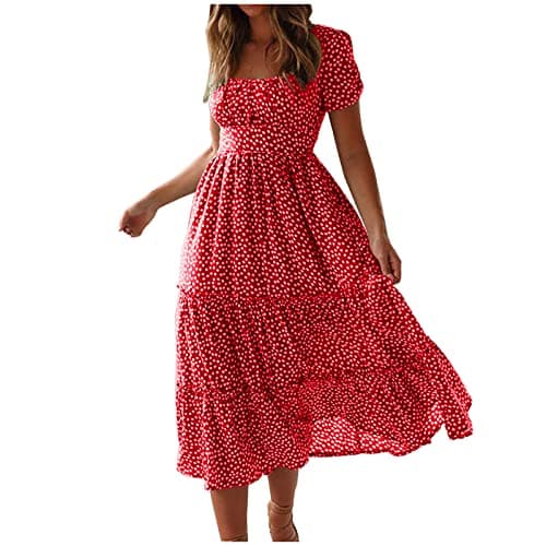 Image of Women Summer Beach Dress Boho Casual Square Neck Dresses Floral Print Loose Holiday Sundress Ladies Elegant Short Sleeve Dresses A-line Swing Flowy Midi Dress UK Red