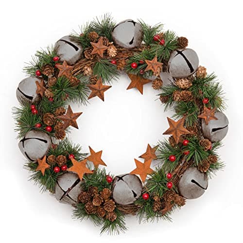 Image of 40cm Christmas Wreath with Silver Jingle Bells Stars Pine Cones Berries Leaves for Outdoor Xmas Home Office Mantelpiece Decorations
