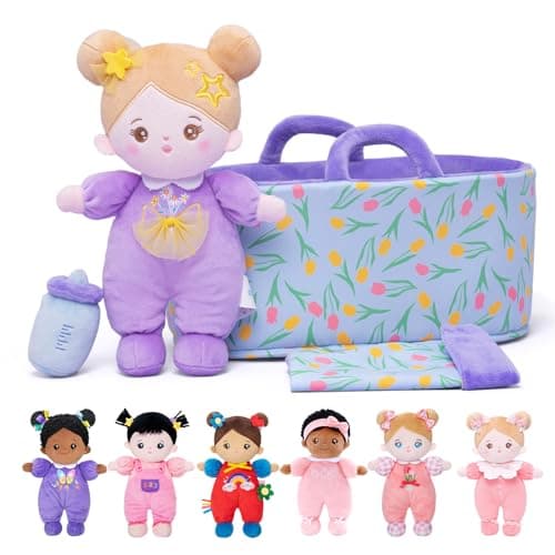 Image of OUOZZZ Baby Soft Doll with Carrying Case and Doll Accessories Purple, 25cm Soft Cloth Doll Cuddly Doll for Children from 3 Months - Baby Gift for Birth Girls Boys