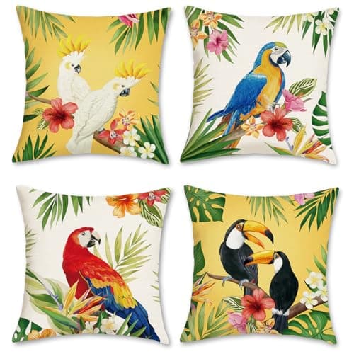 Image of Bonhause Tropical Birds Cushion Covers 45 x 45 cm Toucan Parrots Leaves Decorative Throw Pillow Covers for Sofa Garden Patio Outdoor Home Decor Set of 4