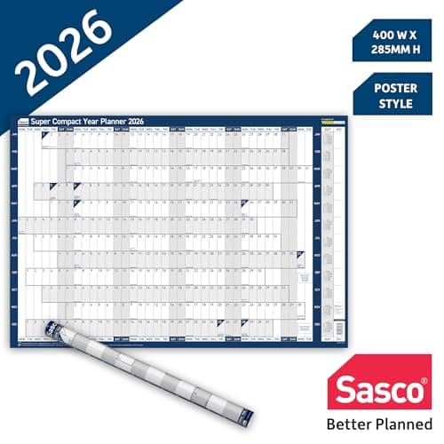 Image of Sasco 2026 Super Compact Wall Planner – Poster Style Year Calendar with Wet Wipe Pen & Stickers, 40x28.5cm, Blue – UK & ROI Holidays Marked – Compact Size for Home, Study or Personal Use