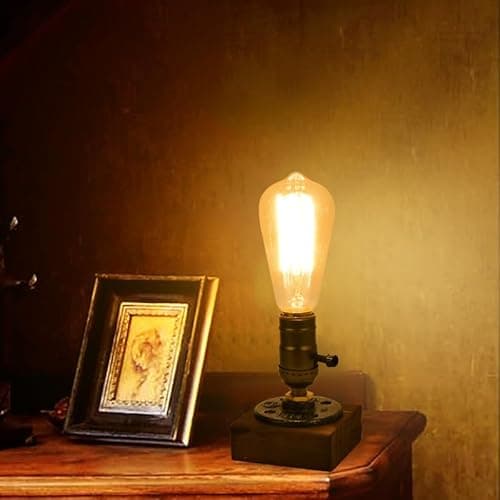 Image of Retro E27 Edison Bulb Wooden Table Lamp Base with UK Plug,ON/OFF switch,Industrial Steampunk Desk Lamp Holder-Weathered Wood Finish for Cafe, Bar, Bedroom, and Dining Room Decor (Bulb Not Included)