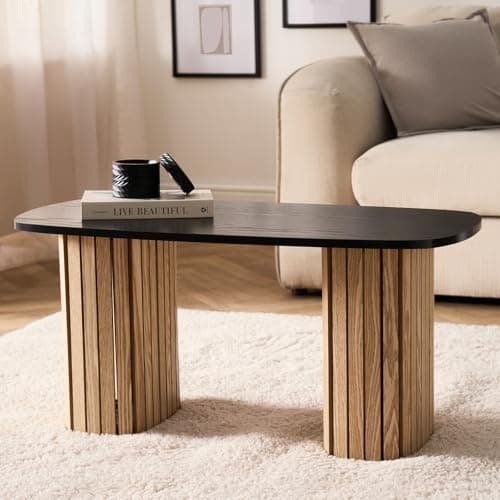 Image of OHS Wooden Coffee Table, Decorative Centre Table Living Room Madison Ribbed Wood Frame with Black Top Small Coffee Tables for Living Room Home Offices, 85 x 40 x 41cm
