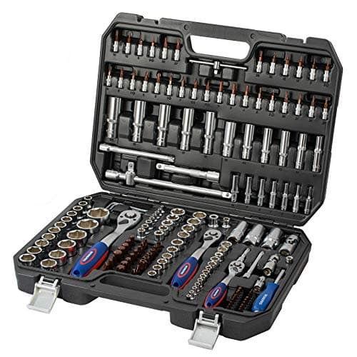 Image of WORKPRO 172-Piece Socket Set, 1/4", 3/8", 1/2" Drive, CR-V Metric Sockets with 72-Tooth Quick-Release Ratchet Handle, with Extension Bars and Universal Joints, Ideal for Car and Home Repair