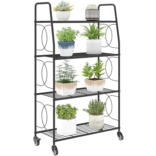 Image of Outsunny 4-Tier Metal Plant Stand, Heavy Duty Ladder Shelf Potted Plants Display Rack with Lockable Wheels and Adjustable Foot Pads, Indoor Outdoor Flower Pot Holder for Garden Balcony Patio