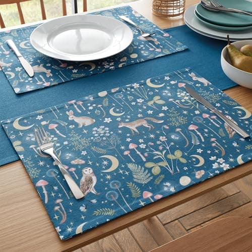 Image of Catherine Lansfield Enchanted Twilight Animals Cotton 30x46cm Dining Placemat 4 Pack Navy Blue