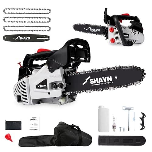 Image of SHAYN 26cc Petrol Chainsaw - 2-Stroke Top Handle Chain Saw with 10" Bar, 3 Spare Chain, Anti-Vibration, Low-Noise, Auto Oiler, Toolkit & Carry Bag- Lightweight Garden Saw with 3-Year Warranty (Grey)