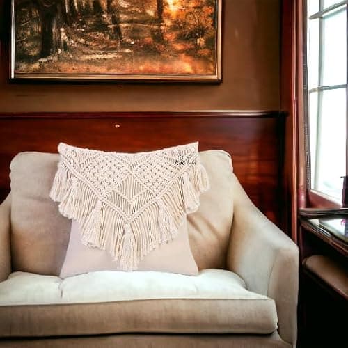 Image of R.R.LALA Cotton Macrame Hand-Woven Knitted Square Pillow Cushion Cover 40x44 cm Ivory Pack of 1 Piece Color
