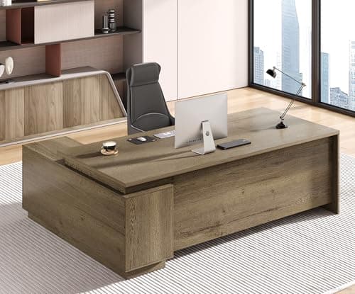 Image of Anzhap 63" Executive Desk, Modern Office Desk with Storage Drawers & Power Outlets, Reversible L-Shaped Computer Desk Corner Desk with Open Shelves for Office & Home Office (Walnut)