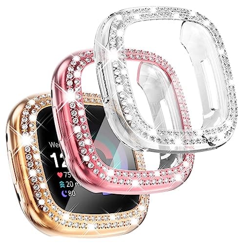 Image of WINGLE 3pack for Fitbit Versa 4 watch Screen Protector Case, Women Bling Case for Fitbit Versa 4 Cover Crystal Diamonds Rhinestone Overall Soft Slim Protective Bumper Shell (Rose Gold, Pink, Clear)