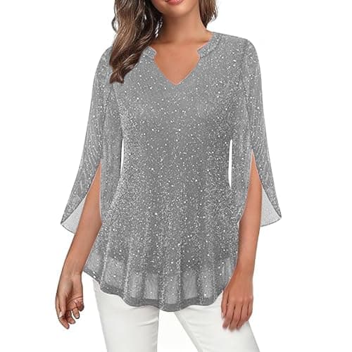Image of KUIH Sparkly Tops for Women Ruffle 3/4 Sleeve Tunic Tops Loose Flowy Chiffon Ladies Glitter Blouses V Neck Pleated Tunic Blouse Loose Elegant Ladies Top Flowy Double Layered Mesh Shirts Silver
