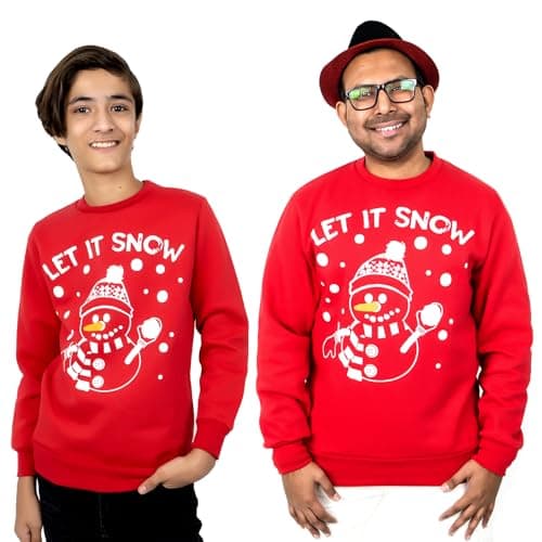 Image of NOROZE Men's Boys Matching Christmas Sweatshirt Novelty Let it Snow Elf Reindeer Ugly Sweater Unisex Family Xmas Jumper Dad Son Top (9-10 Years, Let It Snow Red)