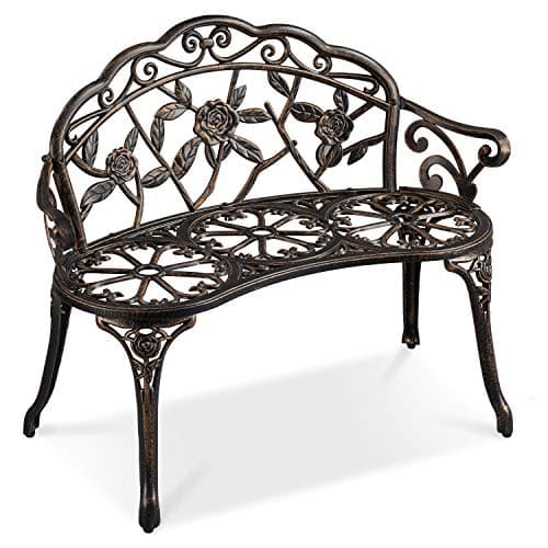 Image of Yaheetech Garden Bench Outdoor Loveseat Metal Bench Outdoor Patio Furniture Seat with Rose Design, for Porch/Lawn/Yard, Bronze