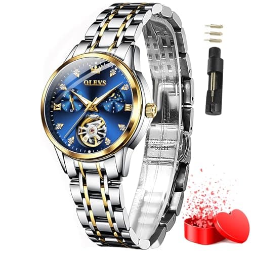 Image of OLEVS Automatic Women's Wrist Watches Luxury Diamond Tourbillon Moon Phase Two Tone Stainless Steel Mechanical Watch for Women Waterproof Luminous Dress Silver Gold Blue Ladies Watches